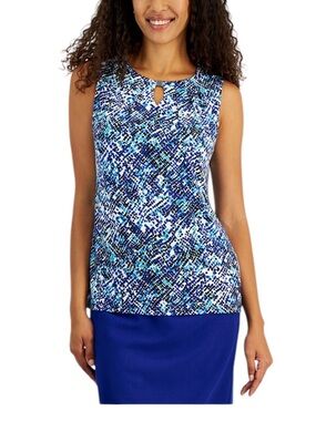 Kasper Printed Pleated Keyhole Neck Sleeveless Summer Blouse Top Shell NEW S